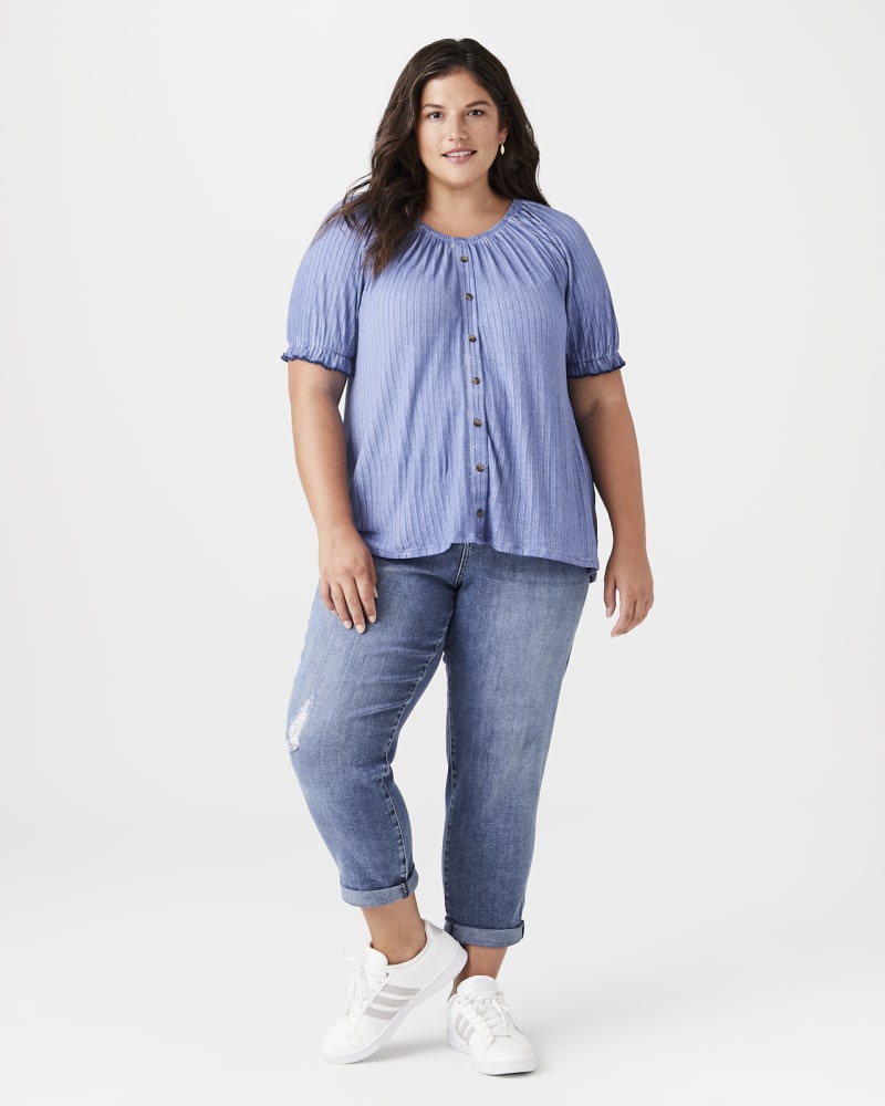 Plus size model with hourglass body shape wearing Abigail Off-The-Shoulder Blouse by Meri Skye | Dia&Co | dia_product_style_image_id:141418